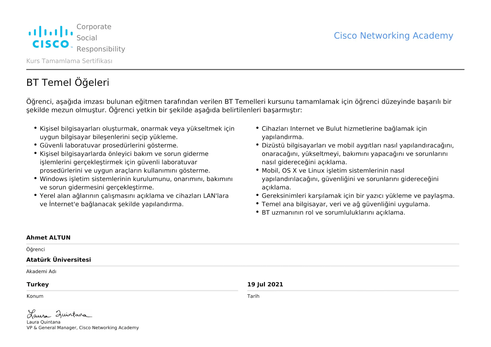PC Hardware and Software - Cisco Networking Academy - Ahmet Altun Sertifika - ahmetxaltun.com