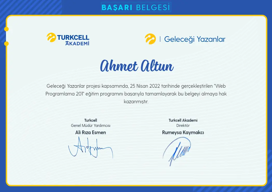 Web Programlama 201 - Turkcell Akademi - Ahmet Altun Sertifika - ahmetxaltun.com