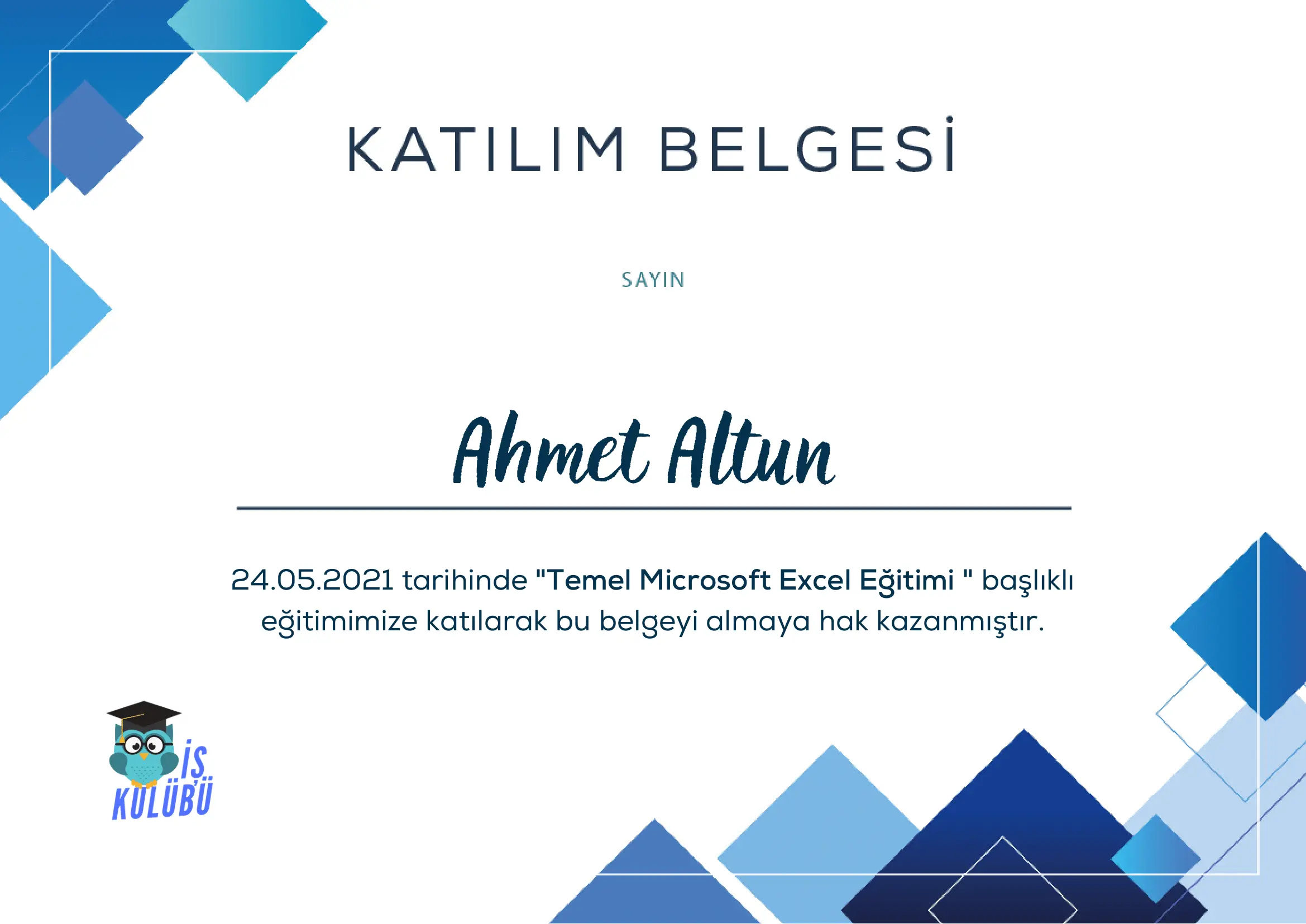 Temel Microsoft Excel Eğitimi - İş Kulübü - Ahmet Altun Sertifika - ahmetxaltun.com